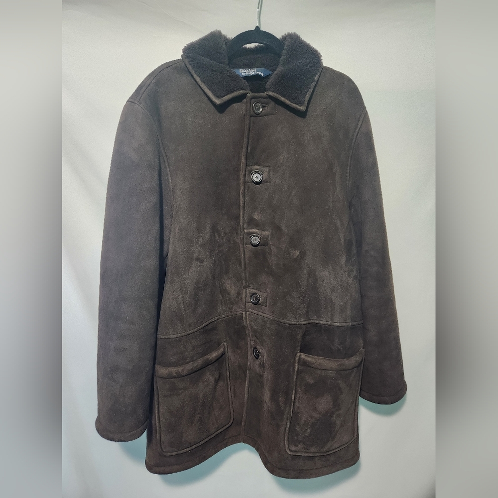 Shearling Polo By Ralph Lauren Brown Suede Leather Jacket. Fur Lining Size Large